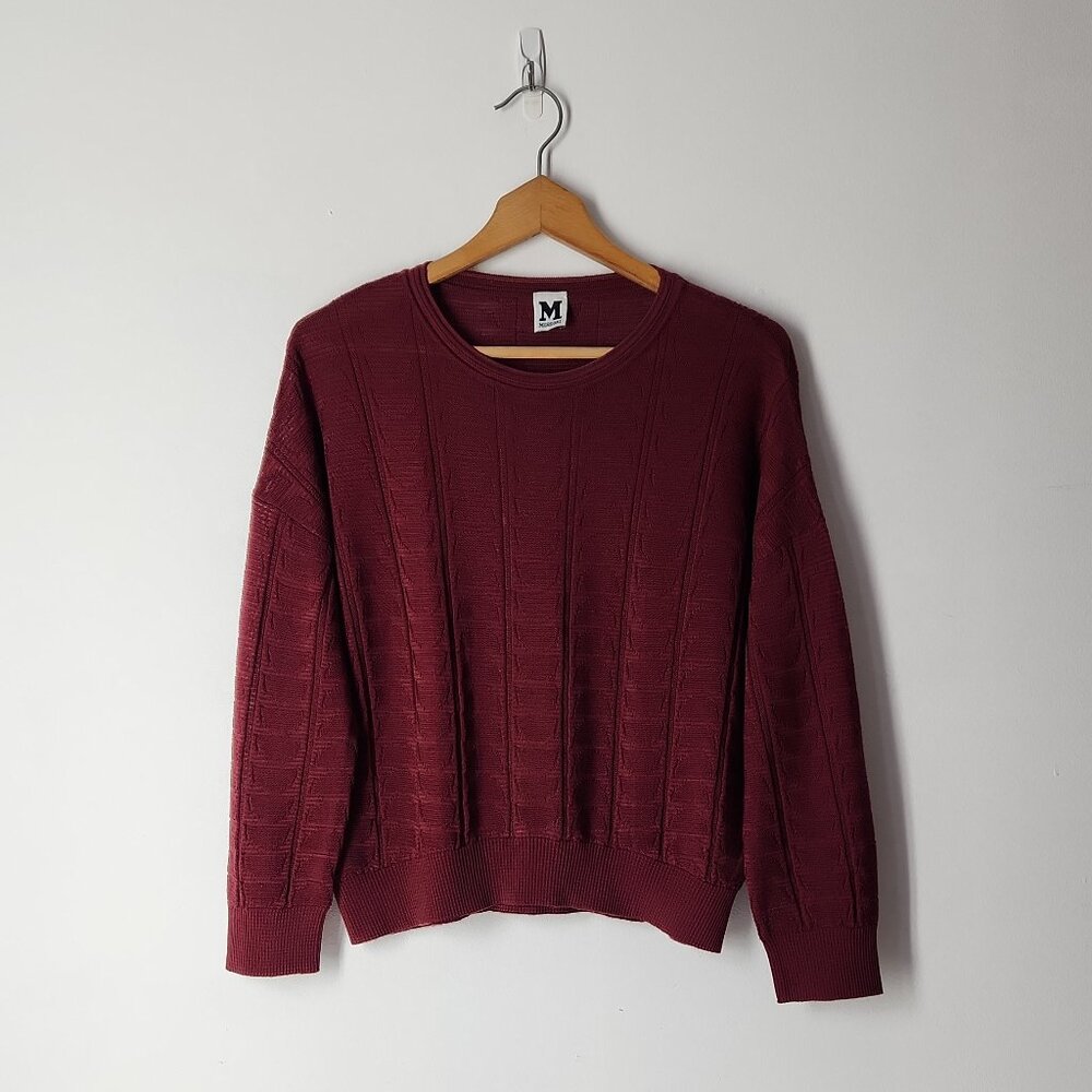 M MISSONI Signature Chevron fine Wool Knit Top Sweater burgundy XS relax